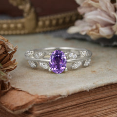1 Carat Oval Cut Amethyst Nature Inspired Engagement Ring