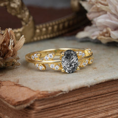 1 Carat Oval Cut 4 Prong Black Rutilated Quartz Nature Inspired Engagement Ring