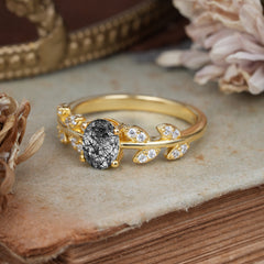 1 Carat Oval Cut 4 Prong Black Rutilated Quartz Nature Inspired Engagement Ring