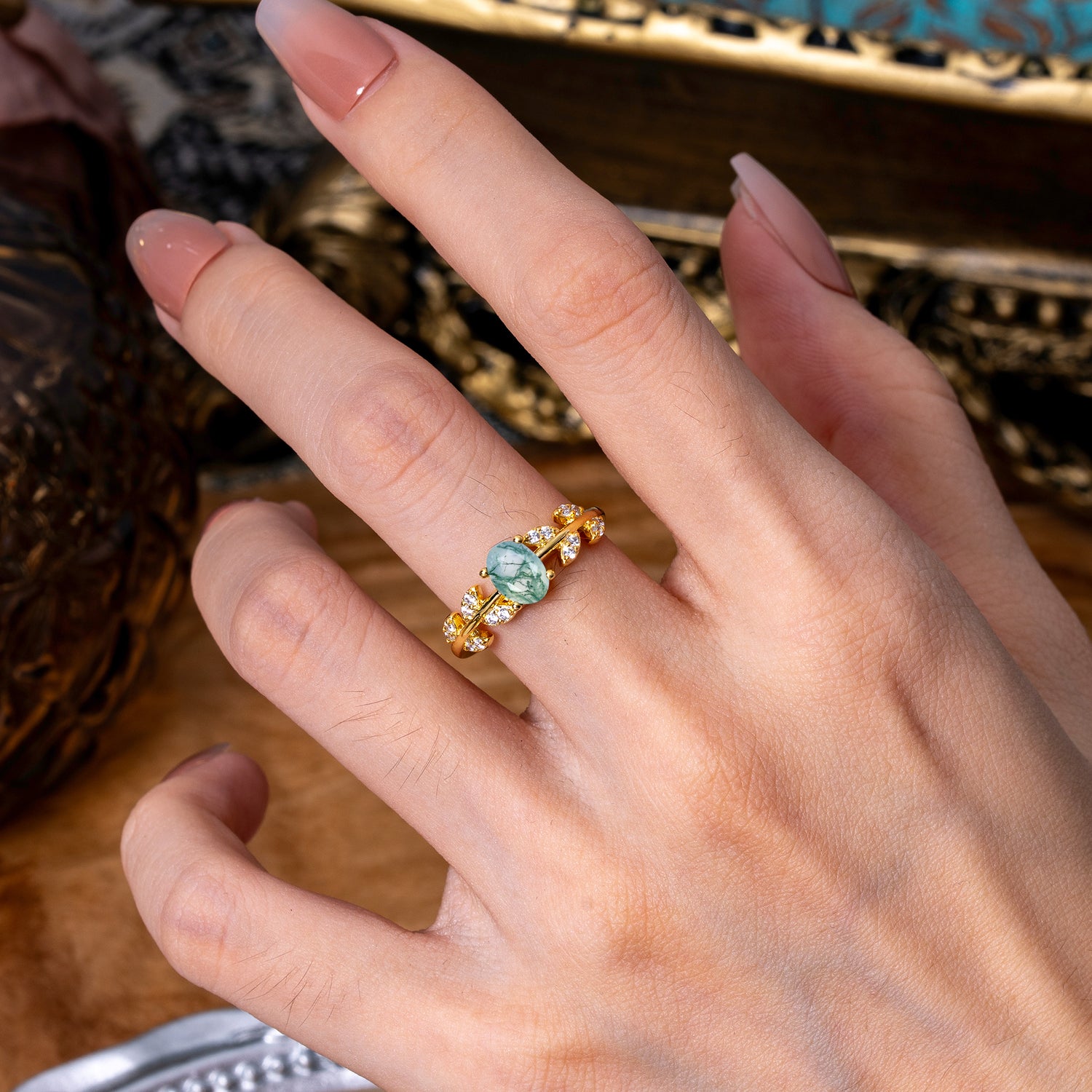 1 Carat Oval Cut Moss Agate Nature Inspired Engagement Ring