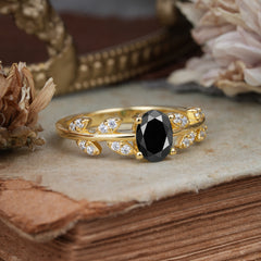 1 Carat Oval Cut 4 Prong Black Onyx Nature Inspired Engagement Ring