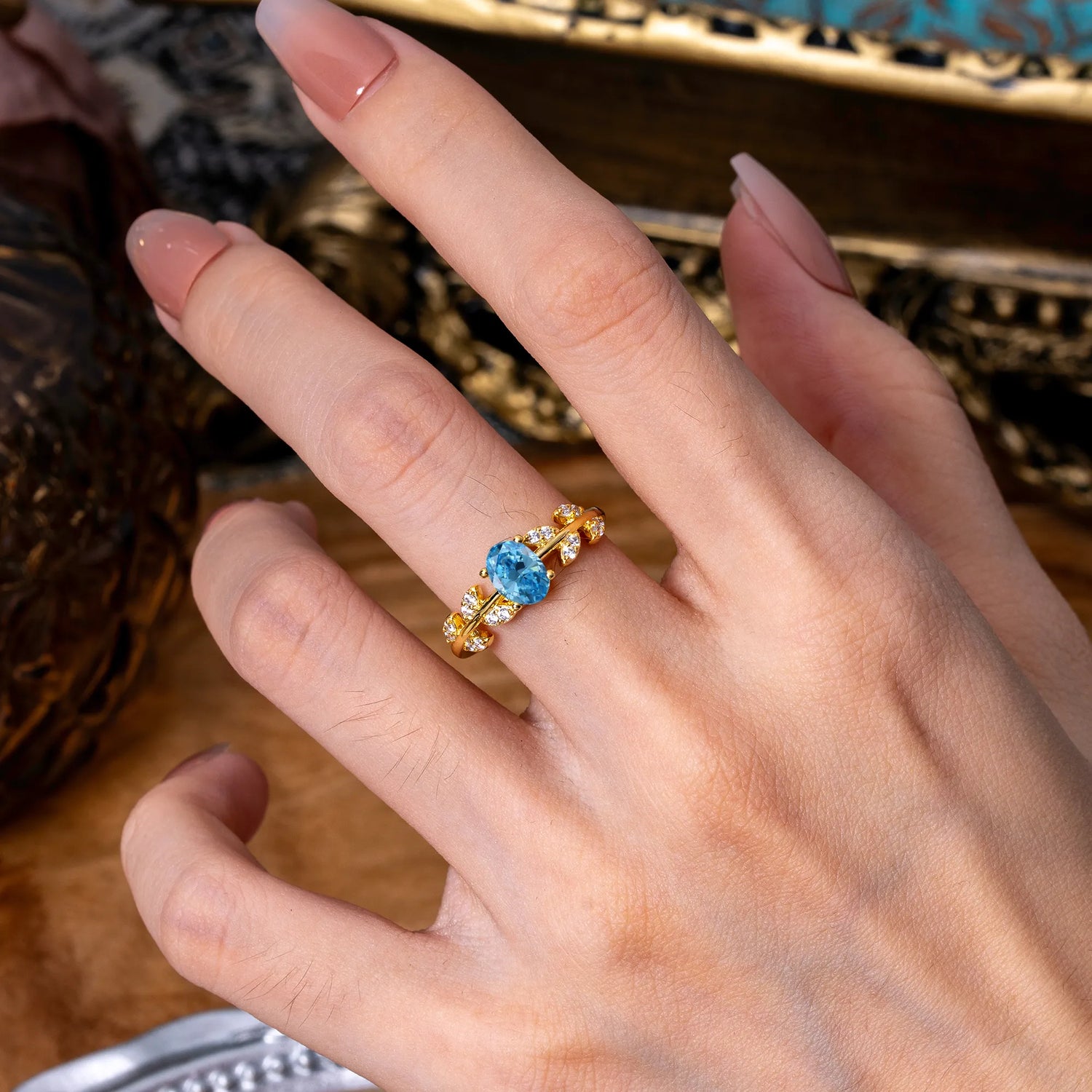 1 Carat Oval Cut Aquamarine Nature Inspired Engagement Ring