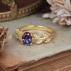 1 Carat Oval Cut 4 Prong Alexandrite Nature Inspired Engagement Ring