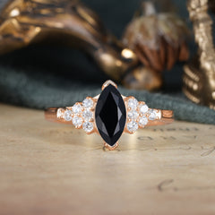1CT Marquise Cut 2 Prong Black Onyx Cluster Engagement Anniversary Ring