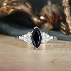 1CT Marquise Cut 2 Prong Black Onyx Cluster Engagement Anniversary Ring