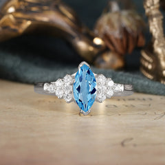 1CT Marquise Cut 2 Prong Aquamarine Cluster Engagement Anniversary Ring
