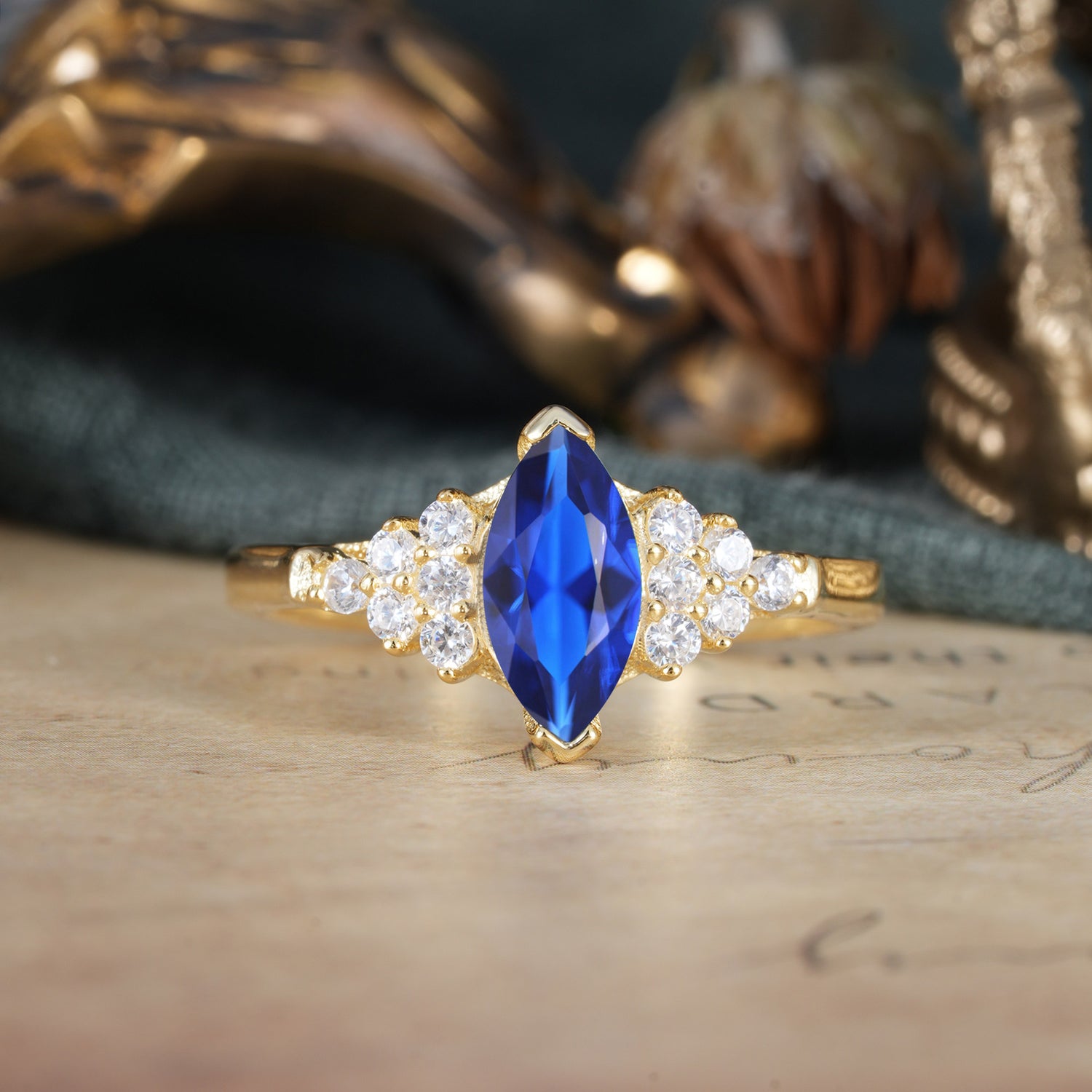 1CT Marquise Cut 2 Prong Sapphire Cluster Engagement Ring