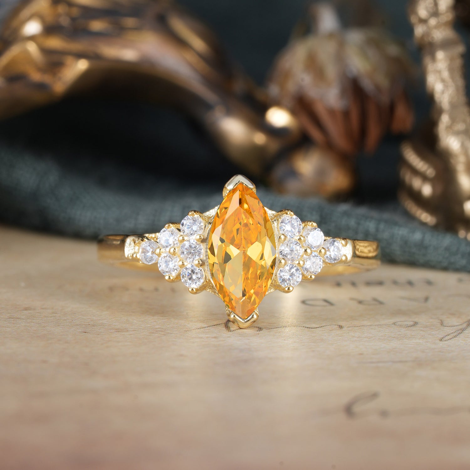 1CT Marquise Cut Citrine Cluster Engagement Ring