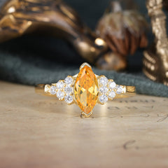 1CT Marquise Cut Citrine Cluster Engagement Anniversary Ring