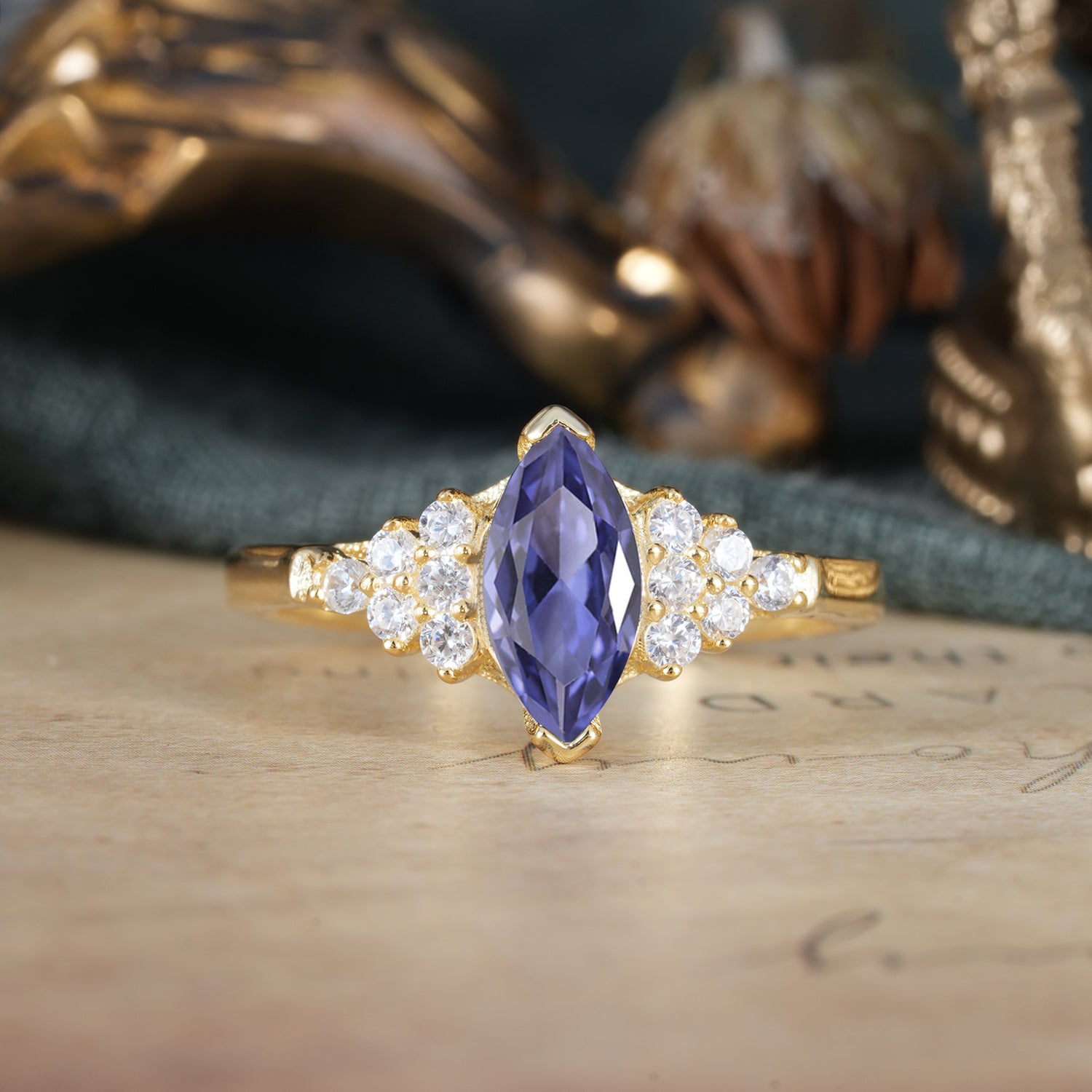 1CT Marquise Cut 2 Prong Tanzanite Cluster Engagement  Ring