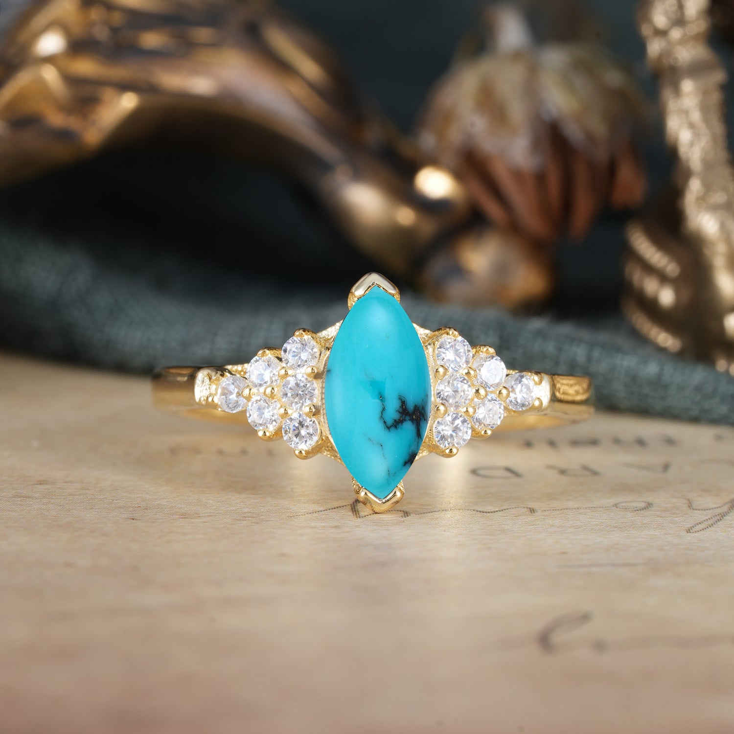 1CT Marquise Cut 2 Prong Turquoise Cluster Engagement Ring