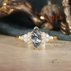 1CT Marquise Cut 2 Prong Black Rutilated Quartz Cluster Engagement Anniversary Ring