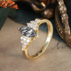 1CT Marquise Cut 2 Prong Black Rutilated Quartz Cluster Engagement Anniversary Ring
