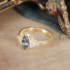 1CT Marquise Cut 2 Prong Black Rutilated Quartz Cluster Engagement Anniversary Ring