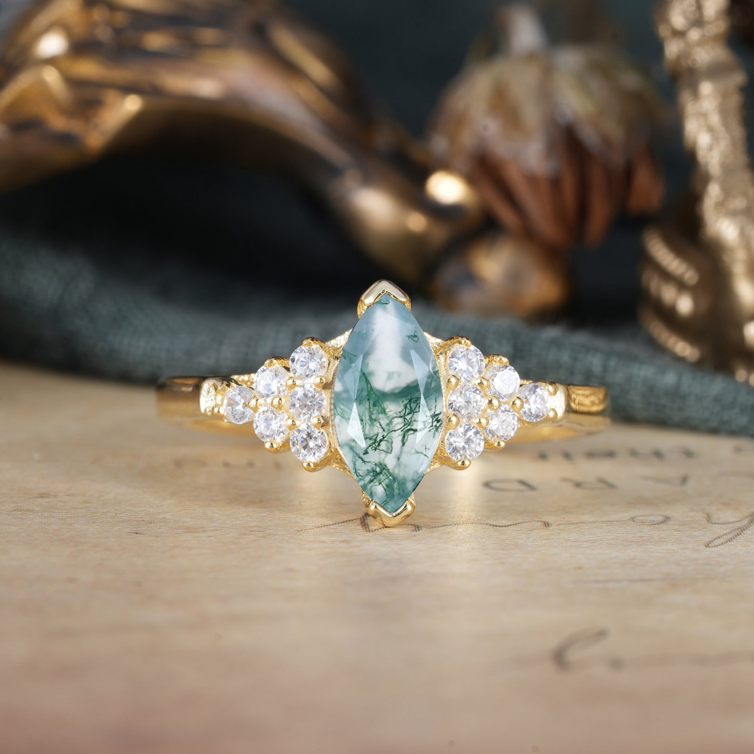 1CT Marquise Cut Moss Agate Cluster Engagement Ring
