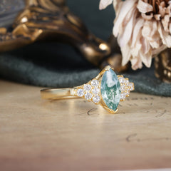 1CT Marquise Cut Moss Agate Cluster Engagement Anniversary Ring