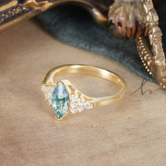 1CT Marquise Cut Moss Agate Cluster Engagement Anniversary Ring
