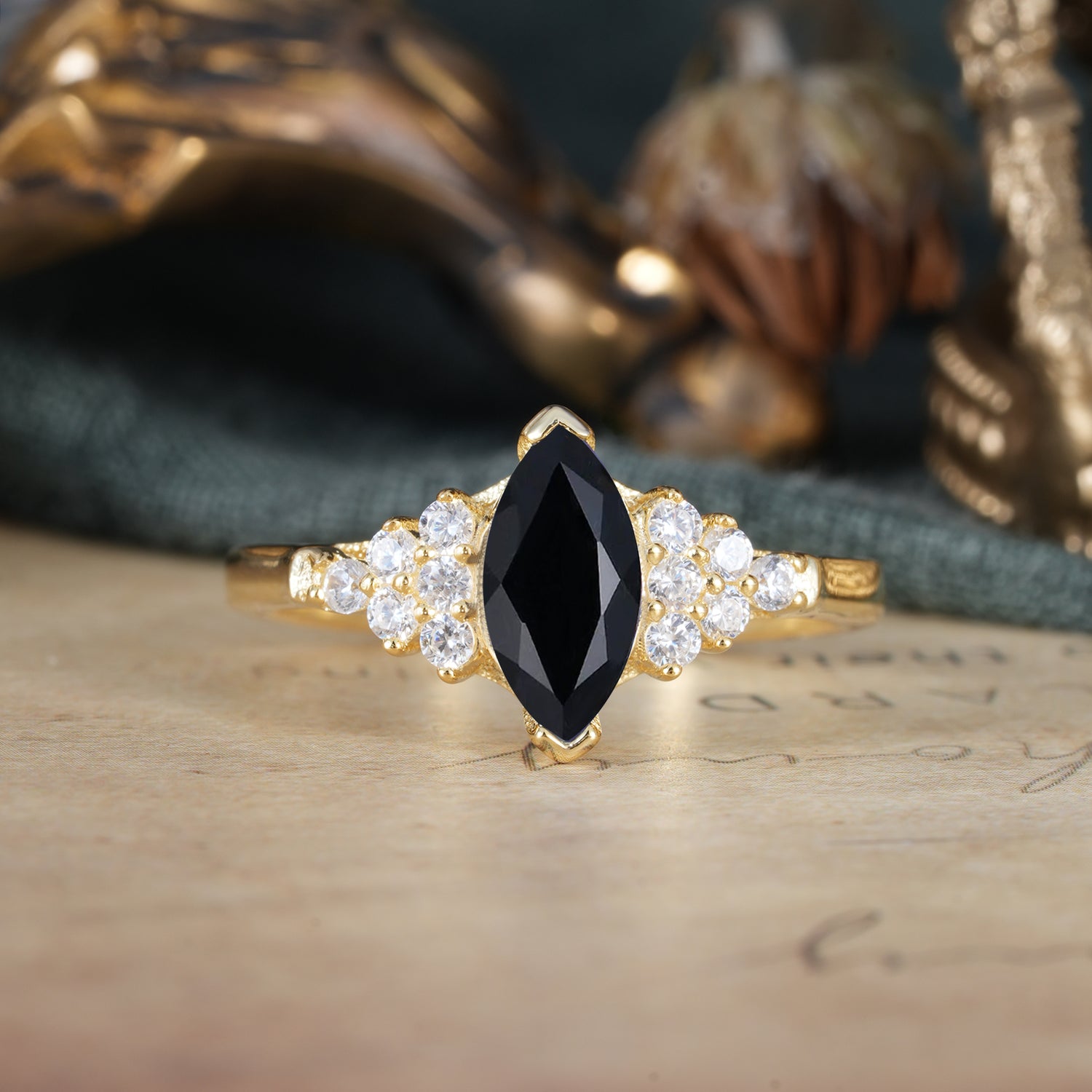 1CT Marquise Cut 2 Prong Black Onyx Cluster Engagement Ring