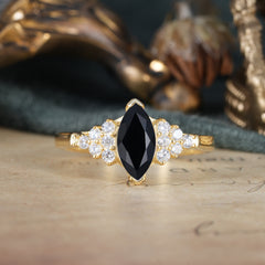 1CT Marquise Cut 2 Prong Black Onyx Cluster Engagement Anniversary Ring