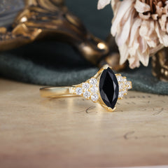 1CT Marquise Cut 2 Prong Black Onyx Cluster Engagement Anniversary Ring