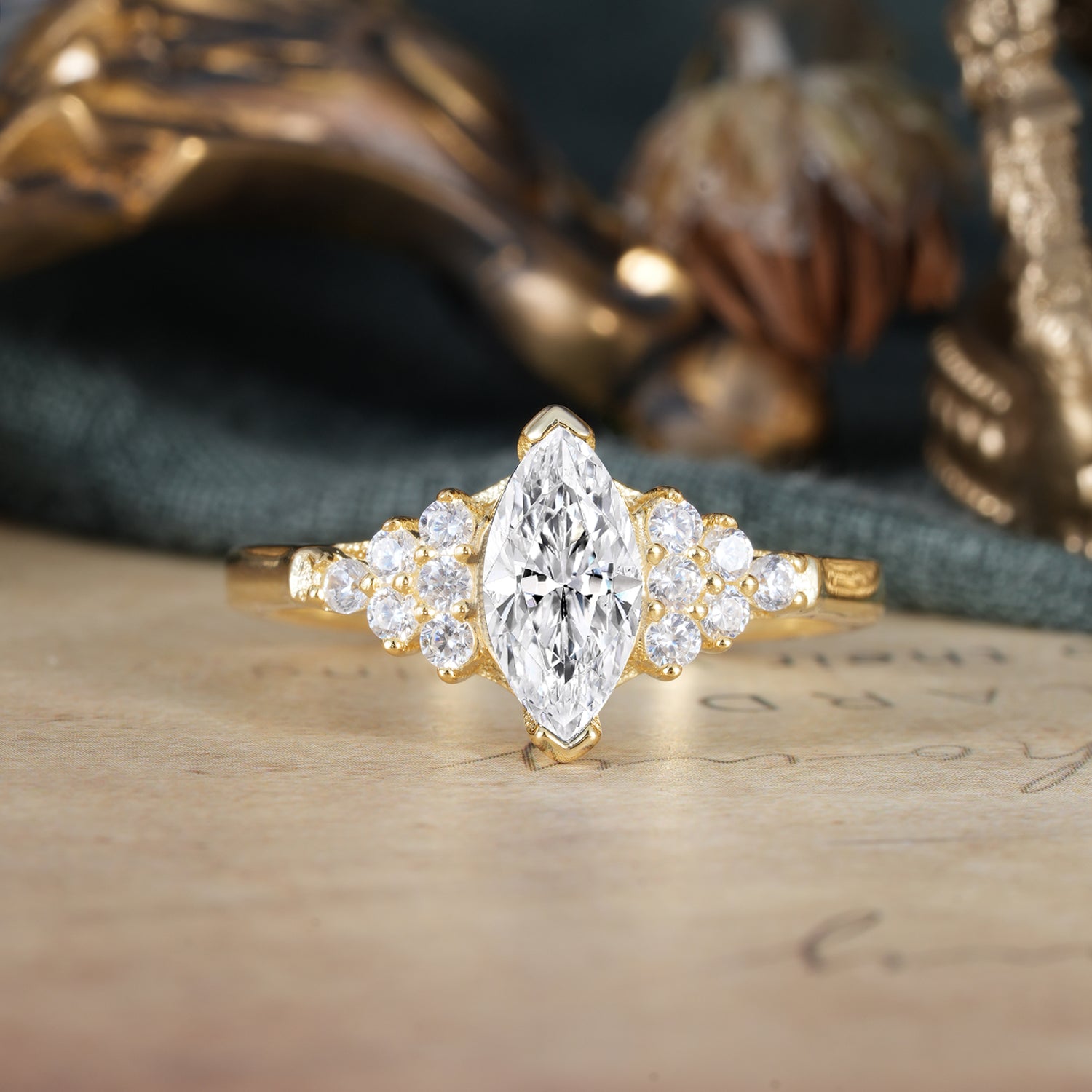 1CT Marquise Cut 2 Prong Lab Diamond Cluster Engagement Ring