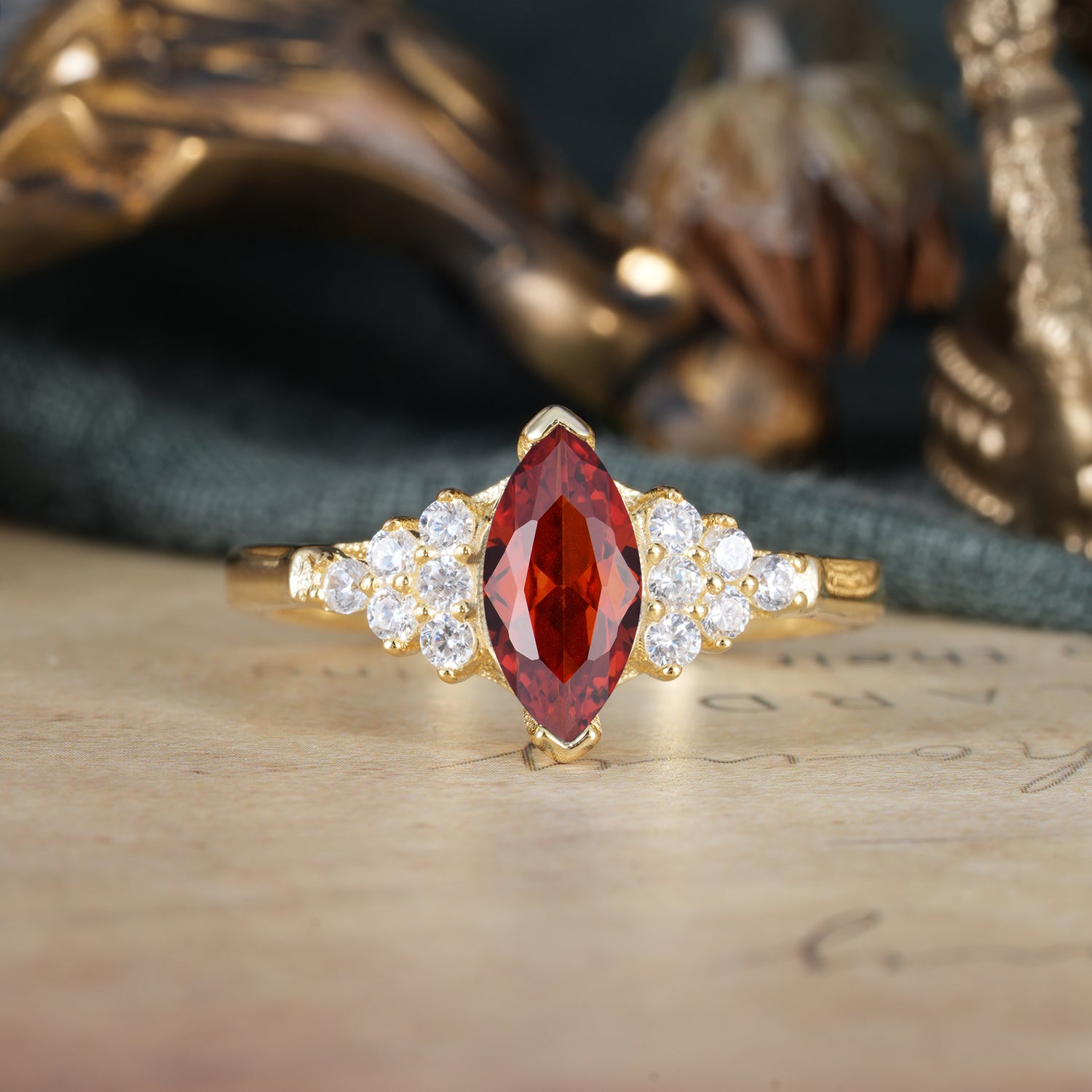 1CT Marquise Cut Garnet Cluster Engagement Ring