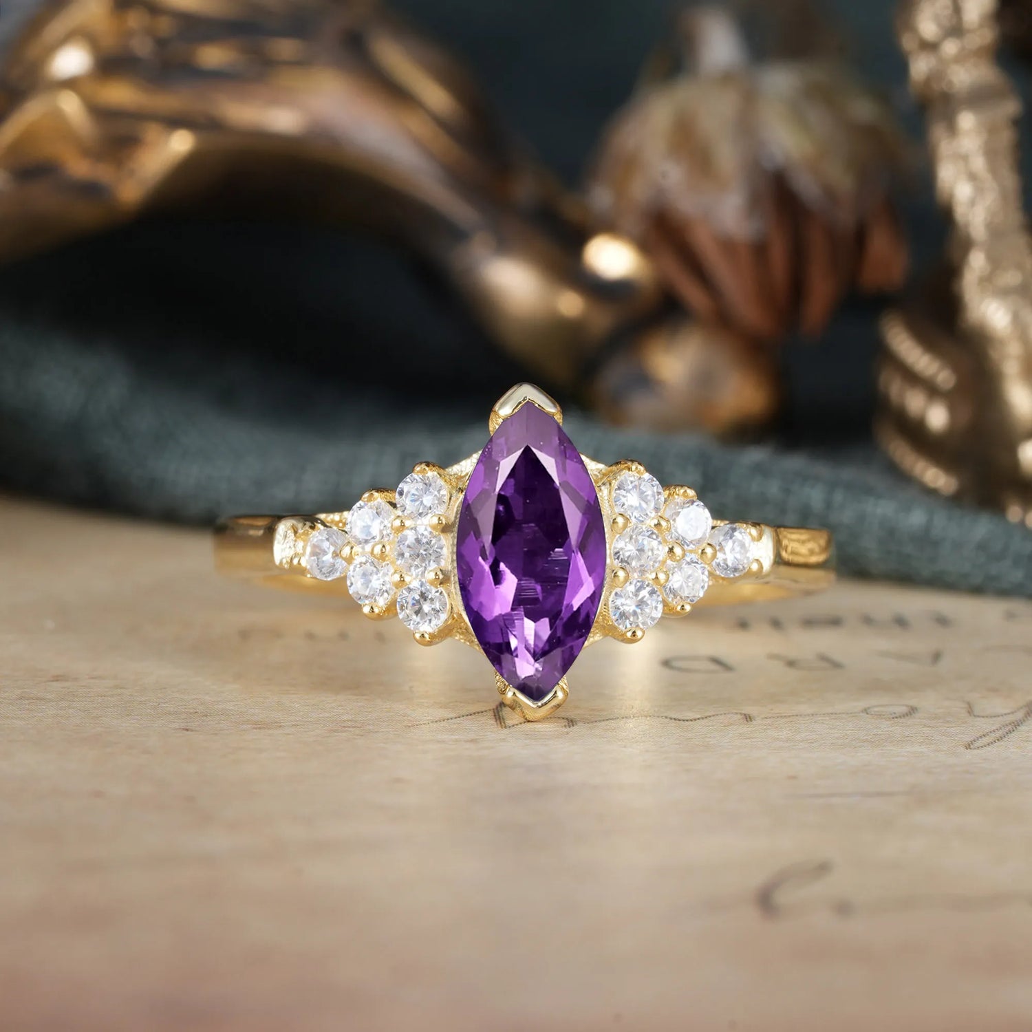 1CT Marquise Cut 2 Prong Amethyst Cluster Engagement  Ring