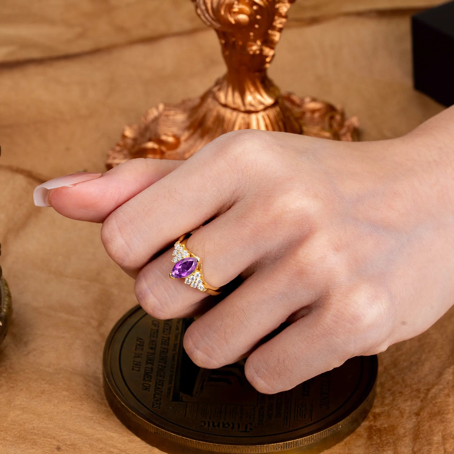 1CT Marquise Cut 2 Prong Amethyst Cluster Engagement  Ring