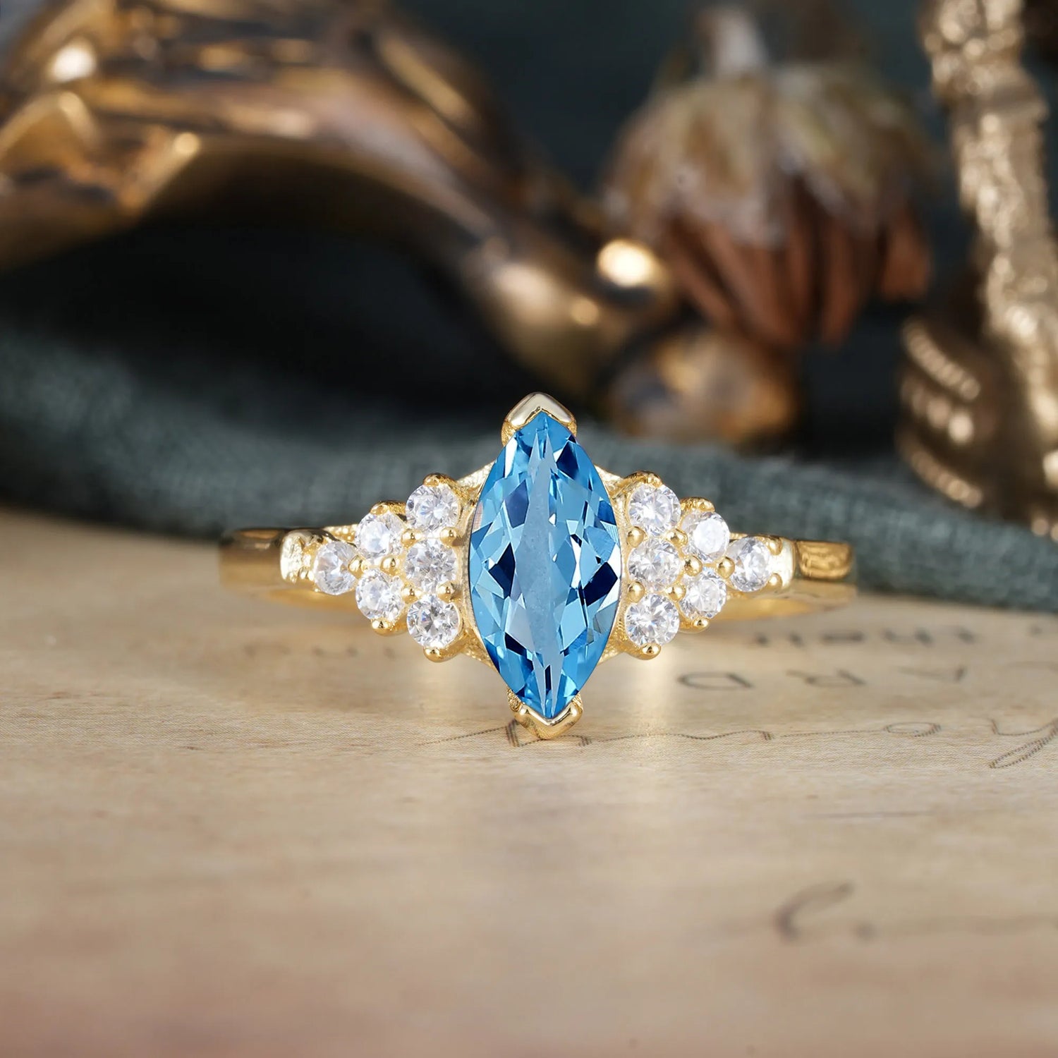 1CT Marquise Cut 2 Prong Aquamarine Cluster Engagement  Ring