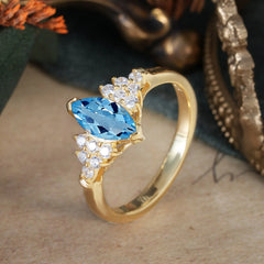 1CT Marquise Cut 2 Prong Aquamarine Cluster Engagement Anniversary Ring