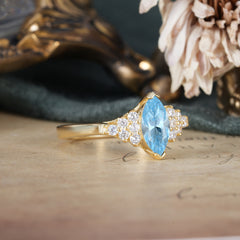 1CT Marquise Cut 2 Prong Aquamarine Cluster Engagement Anniversary Ring
