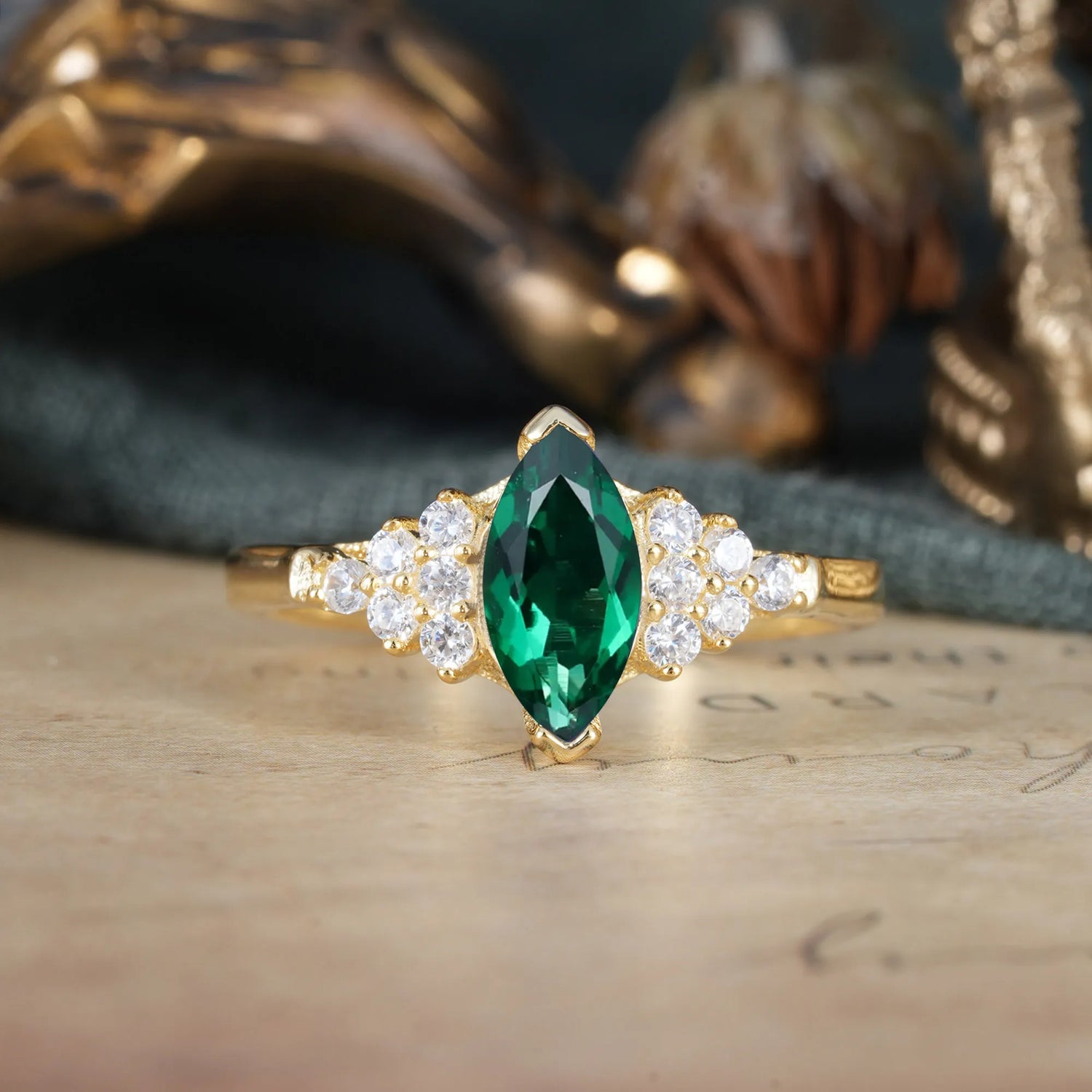 1CT Marquise Cut 2 Prong Emerald Cluster Engagement Ring