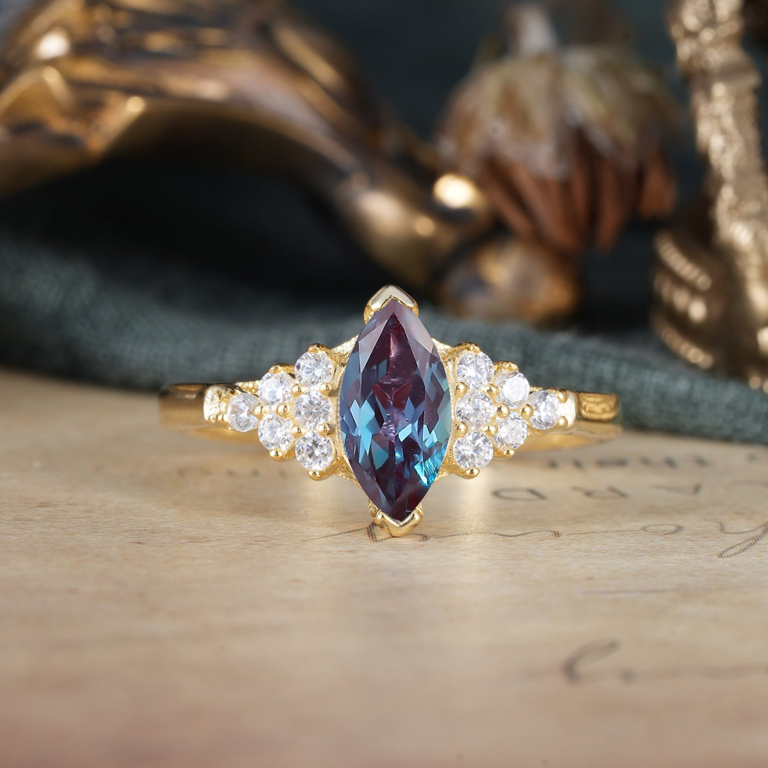 1CT Marquise Cut Alexandrite Cluster Engagement Ring