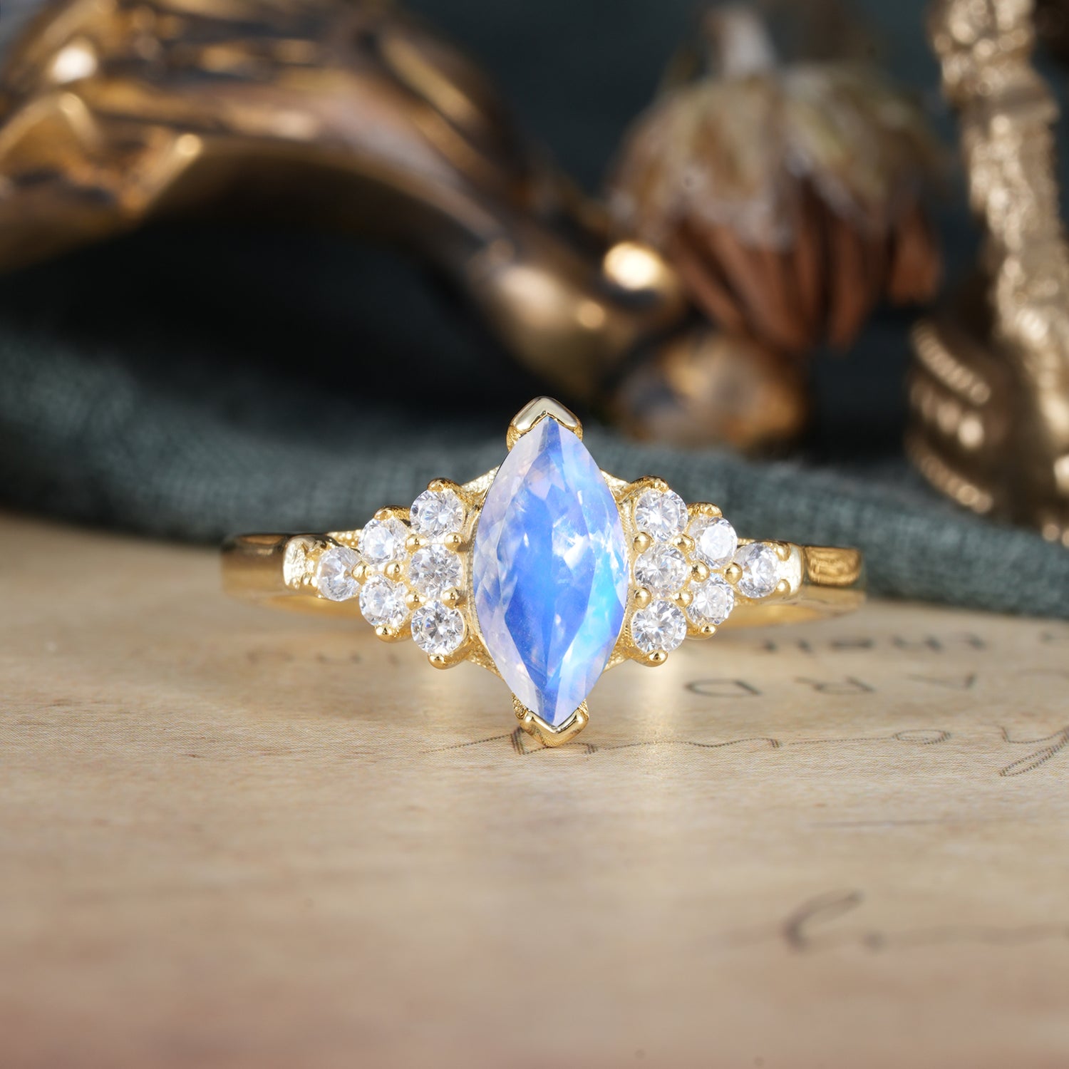 1CT Marquise Cut 2 Prong Moonstone Cluster Engagement Ring