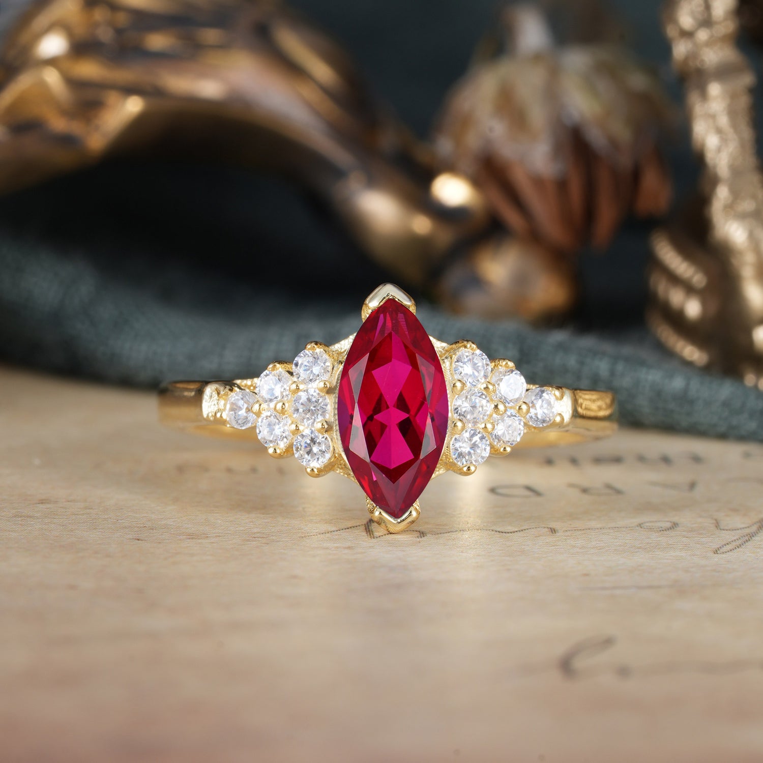 1CT Marquise Cut Ruby Cluster Engagement Ring