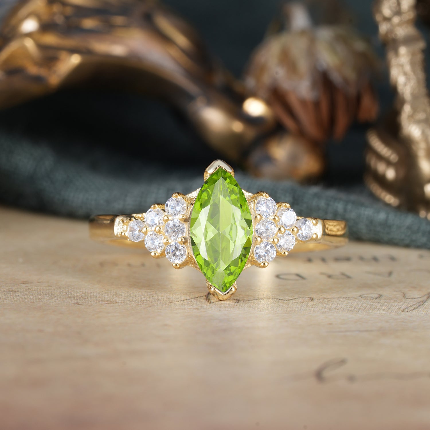 1CT Marquise Cut 2 Prong Peridot Cluster Engagement  Ring
