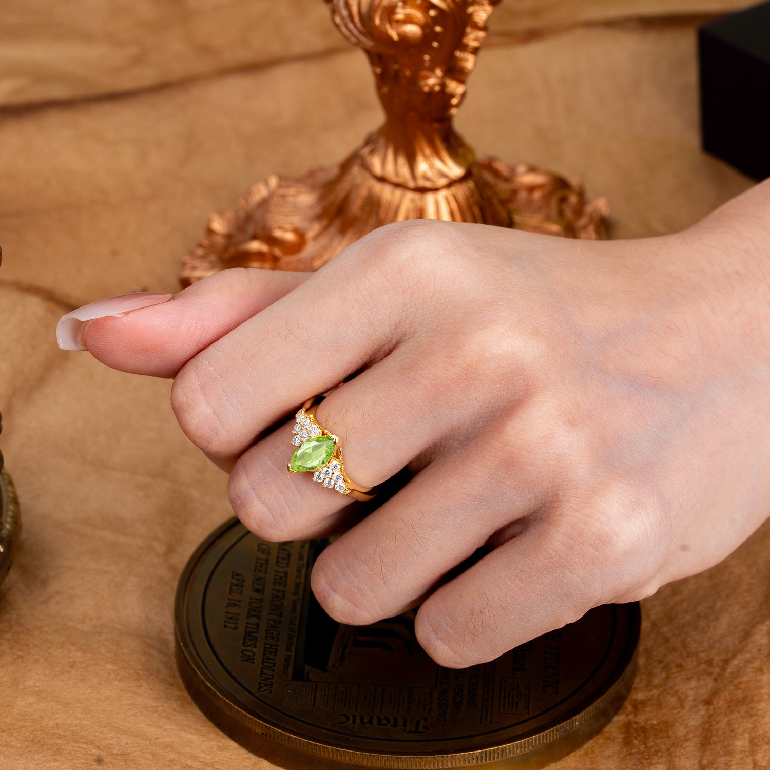 1CT Marquise Cut 2 Prong Peridot Cluster Engagement  Ring