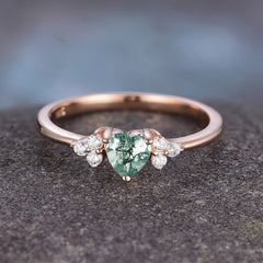 Heart Cut Classic Moss Agate Engagement Ring Side with 3-stone