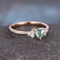 Heart Cut Classic Moss Agate Engagement Ring Side with 3-stone
