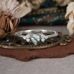 Heart Cut Classic Moss Agate Engagement Ring Side with 3-stone