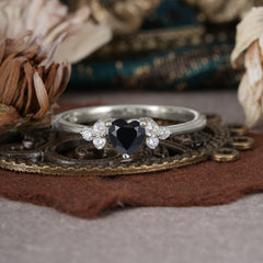 Heart Cut Classic Black Onyx Engagement Ring Side with 3-stone