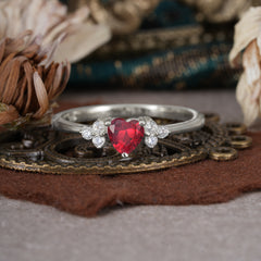 3 Prong Heart Cut Classic Ruby Engagement Ring Side with 3-stone