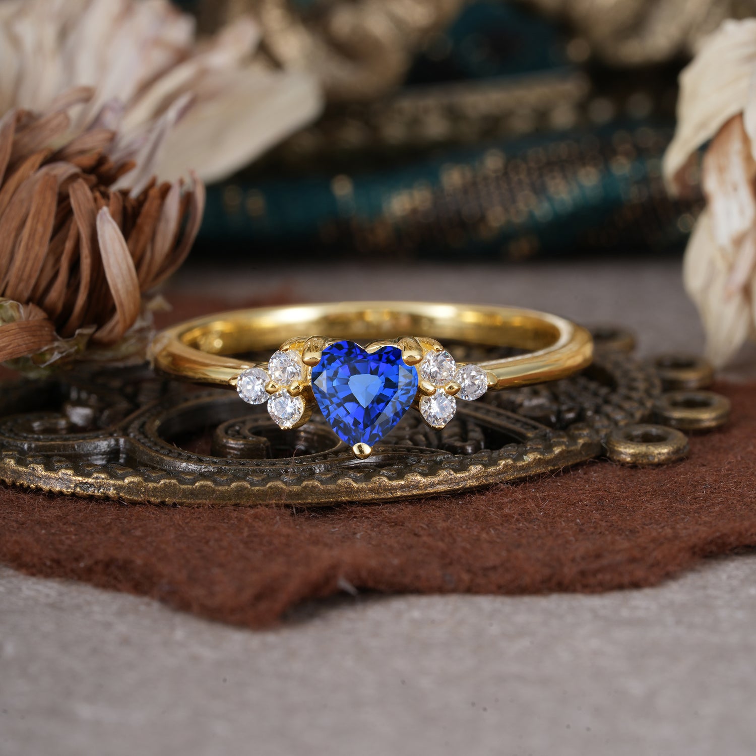 3 Prong Heart Cut Classic Sapphire Engagement Ring Side with 3-stone