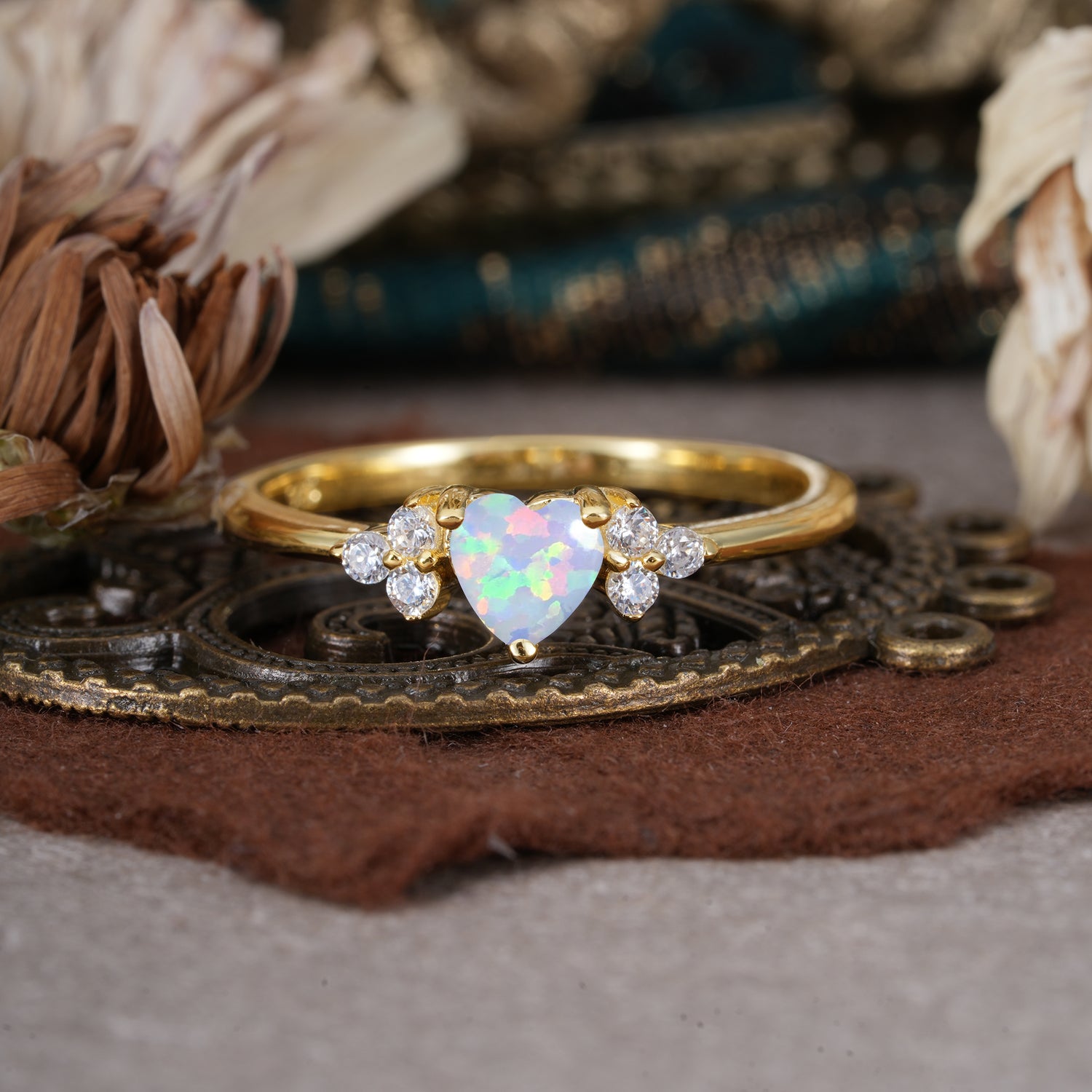 3 Prong Heart Cut Classic Opal Engagement Ring Side with 3-stone