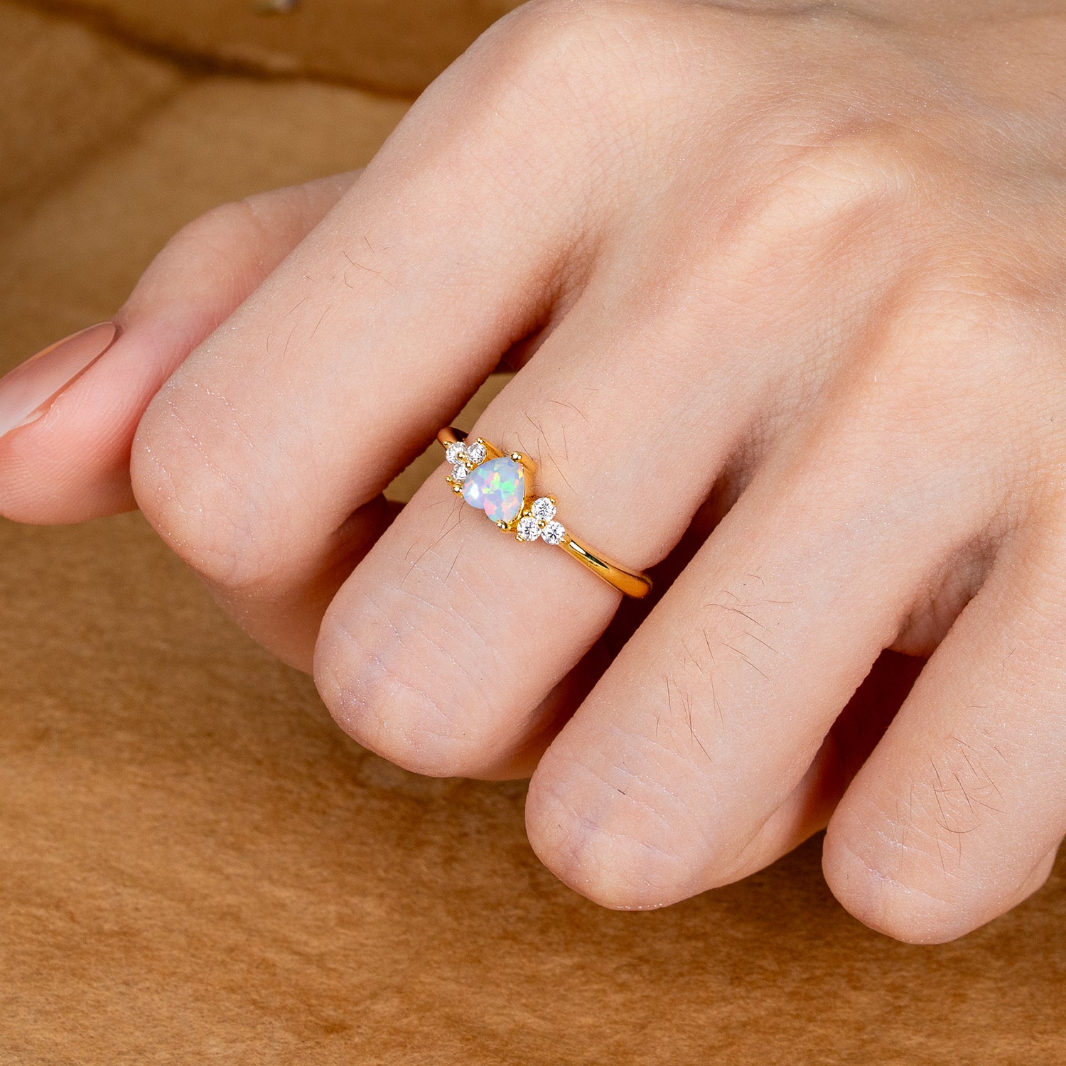 3 Prong Heart Cut Classic Opal Engagement Ring Side with 3-stone