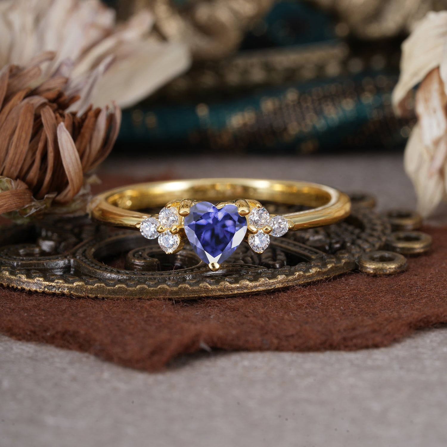 Heart Cut Classic Tanzanite Engagement Ring Side with 3-stone