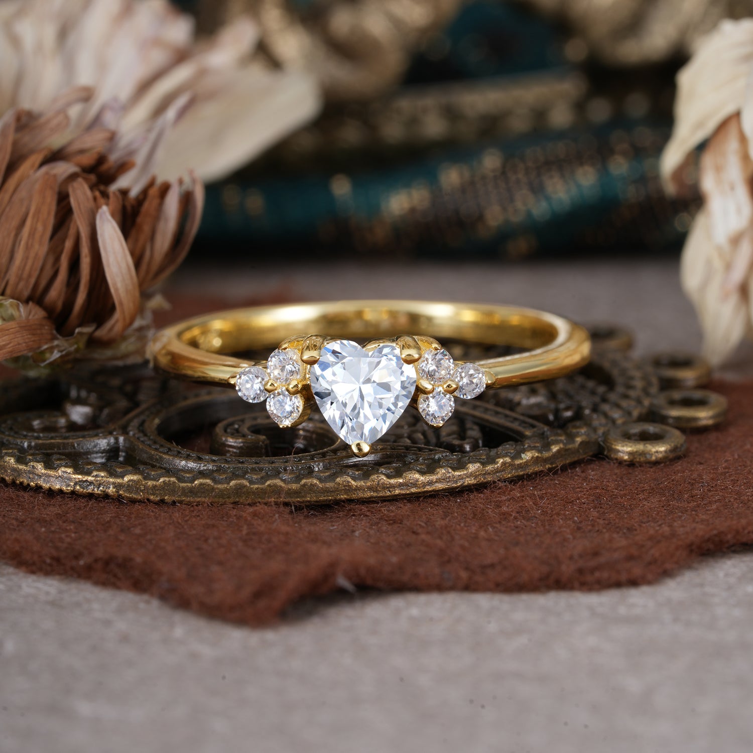 3 Prong Heart Cut Classic Lab Diamond Engagement Ring Side with 3-stone