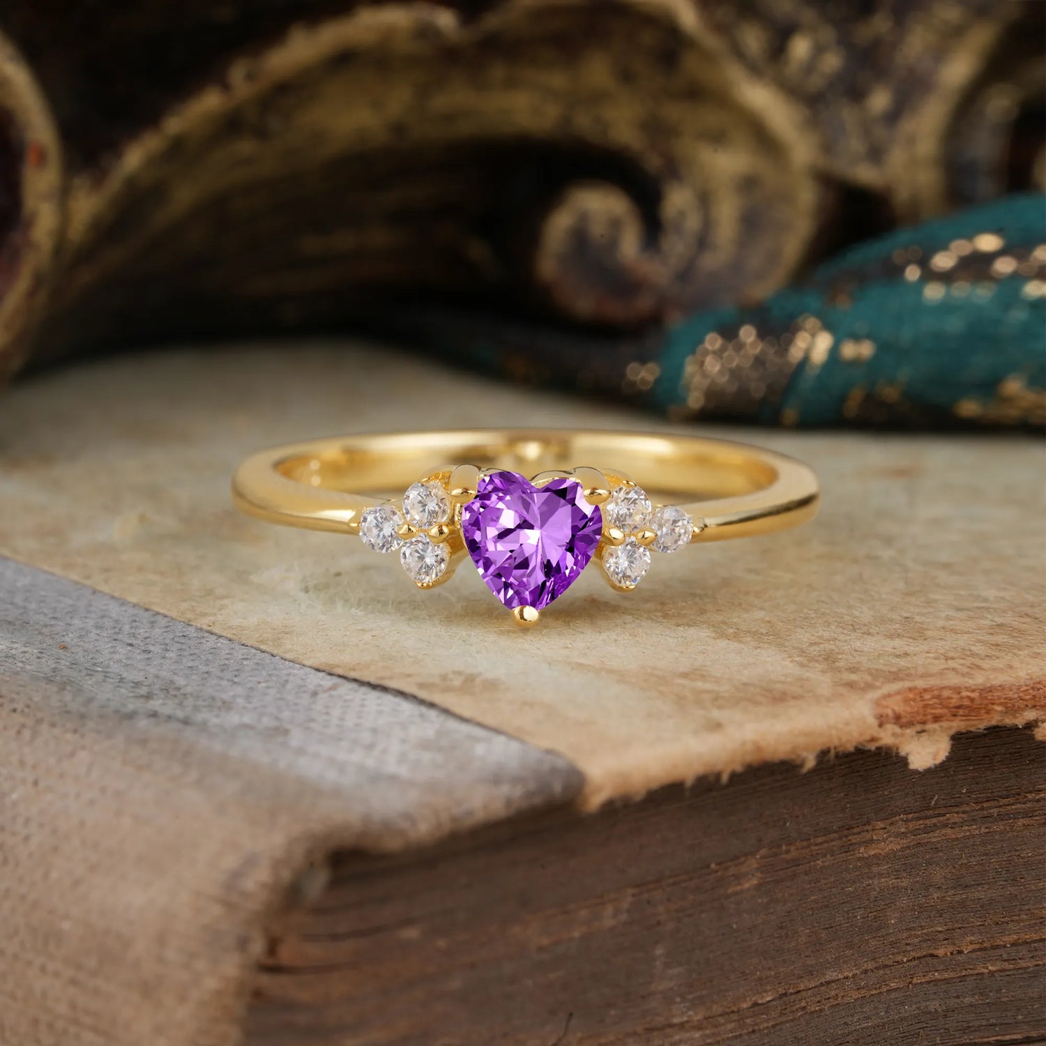 Heart Cut Classic Amethyst Engagement Ring Side with 3-stone