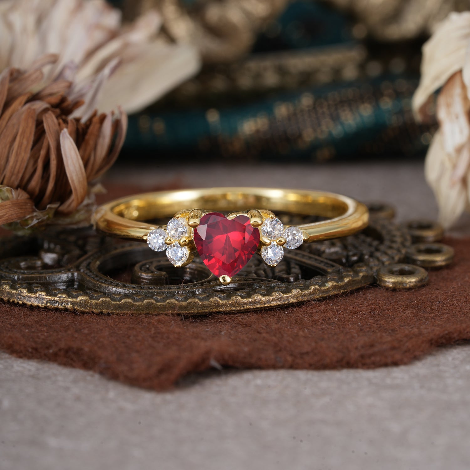 3 Prong Heart Cut Classic Ruby Engagement Ring Side with 3-stone