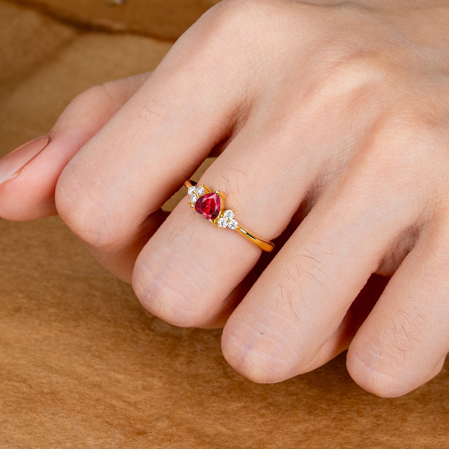 3 Prong Heart Cut Classic Ruby Engagement Ring Side with 3-stone